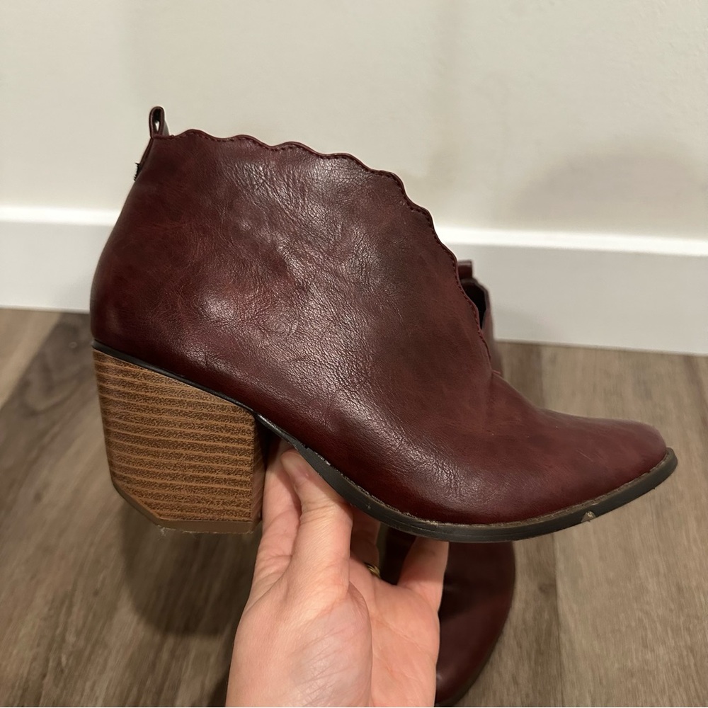 Wild G Burgundy Red Scalloped Edge Heeled Ankle Boots - Picture 5 of 10